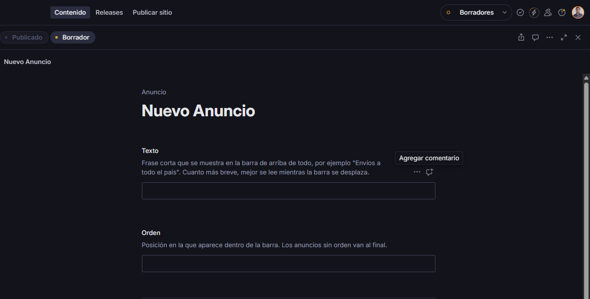 Campos Texto y Orden en el formulario de un anuncio nuevo