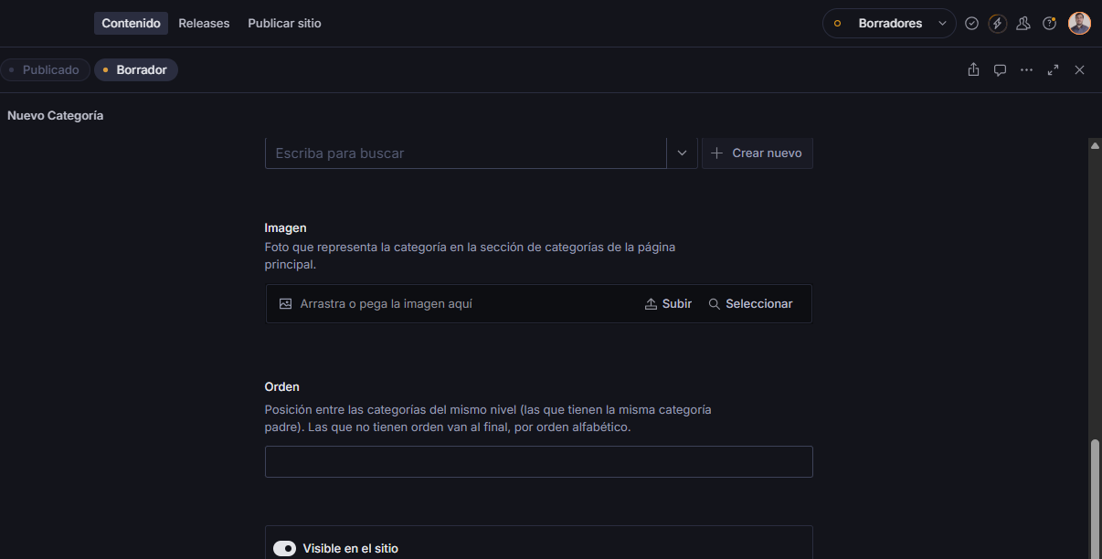 Campos Categoría padre, Imagen, Orden y Visible en el sitio en el formulario de una categoría