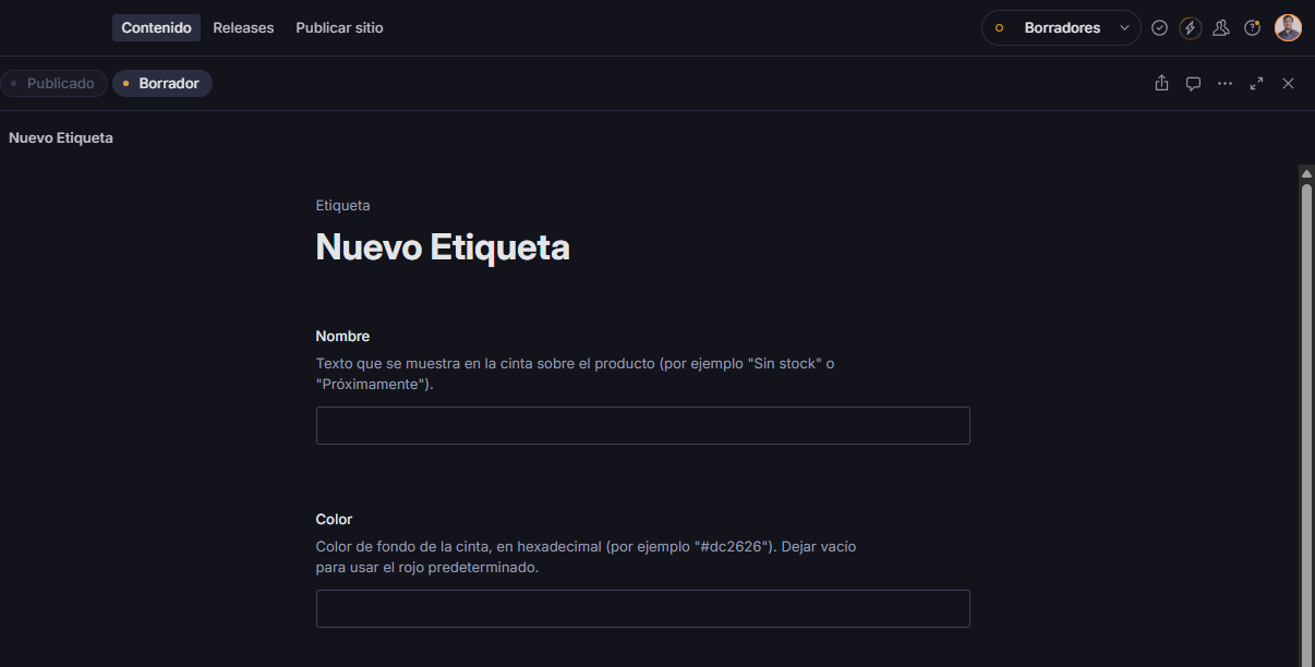 Campos Nombre y Color en el formulario de una etiqueta nueva