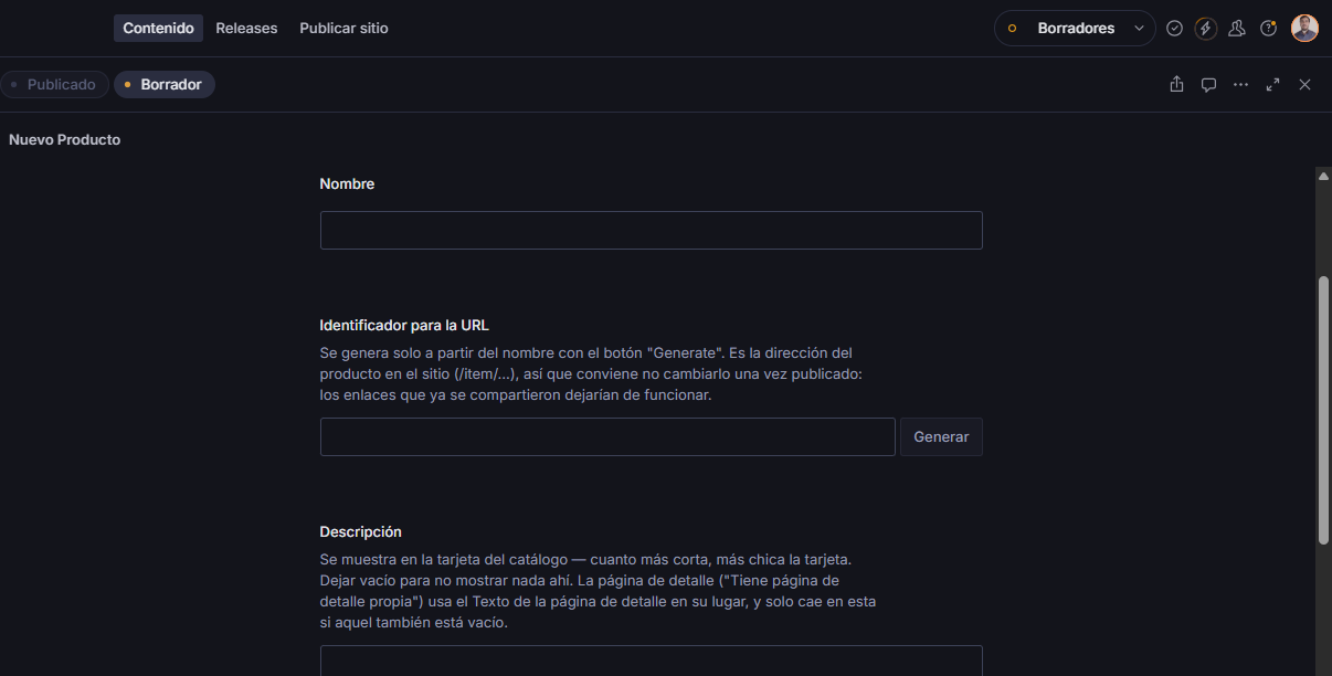 Campos Nombre, Identificador para la URL y Descripción en el formulario de un producto nuevo