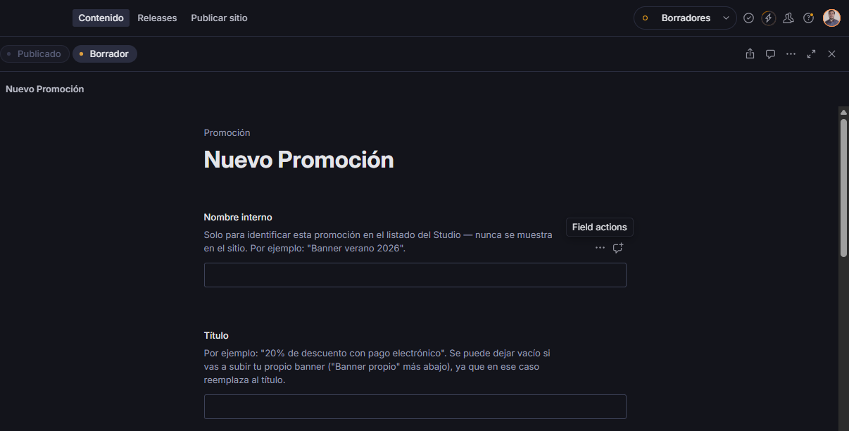 Campos Nombre interno y Título en el formulario de una promoción nueva